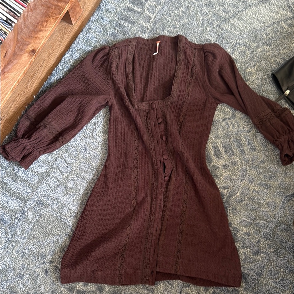 Free People Brown Sheath Dress with Bishop Sleeves